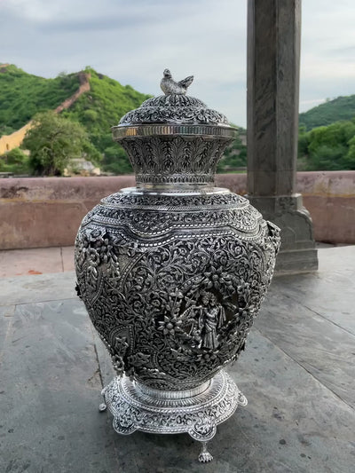 Copper-silver hand carved vase with Radha-Krishna portraits