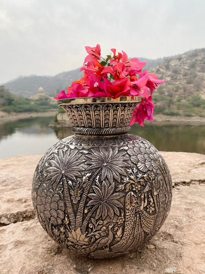 Silver Hand Carved Vase depicting Radha and Krishna