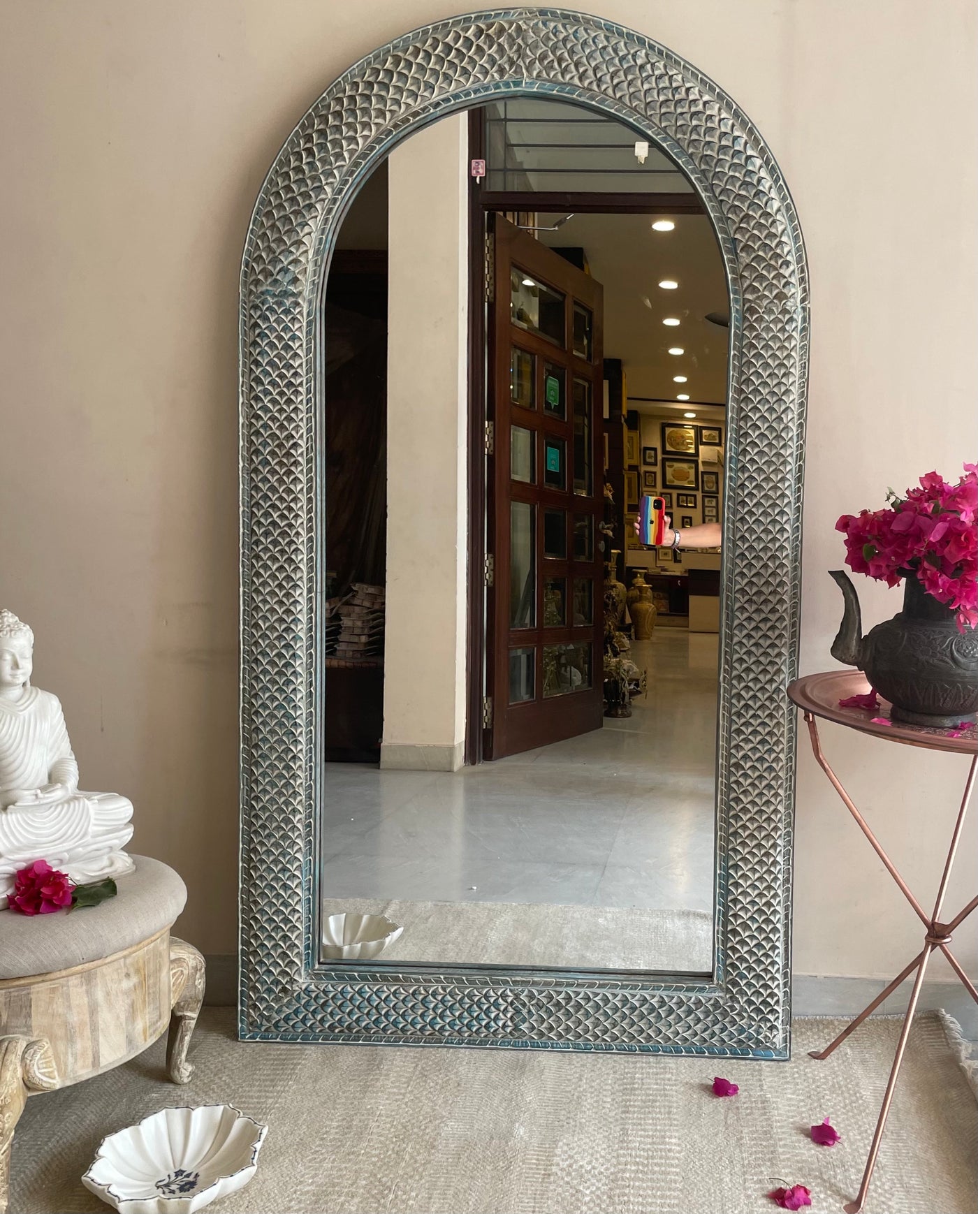 Hand carved mirror in distressed finish