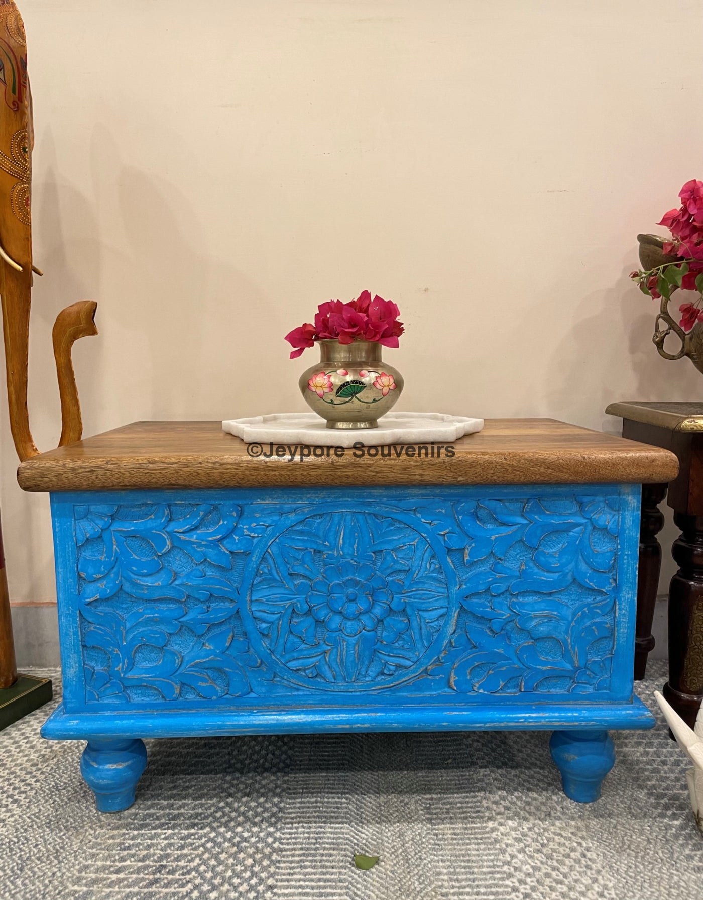 Hand carved small wooden storage trunk/chest