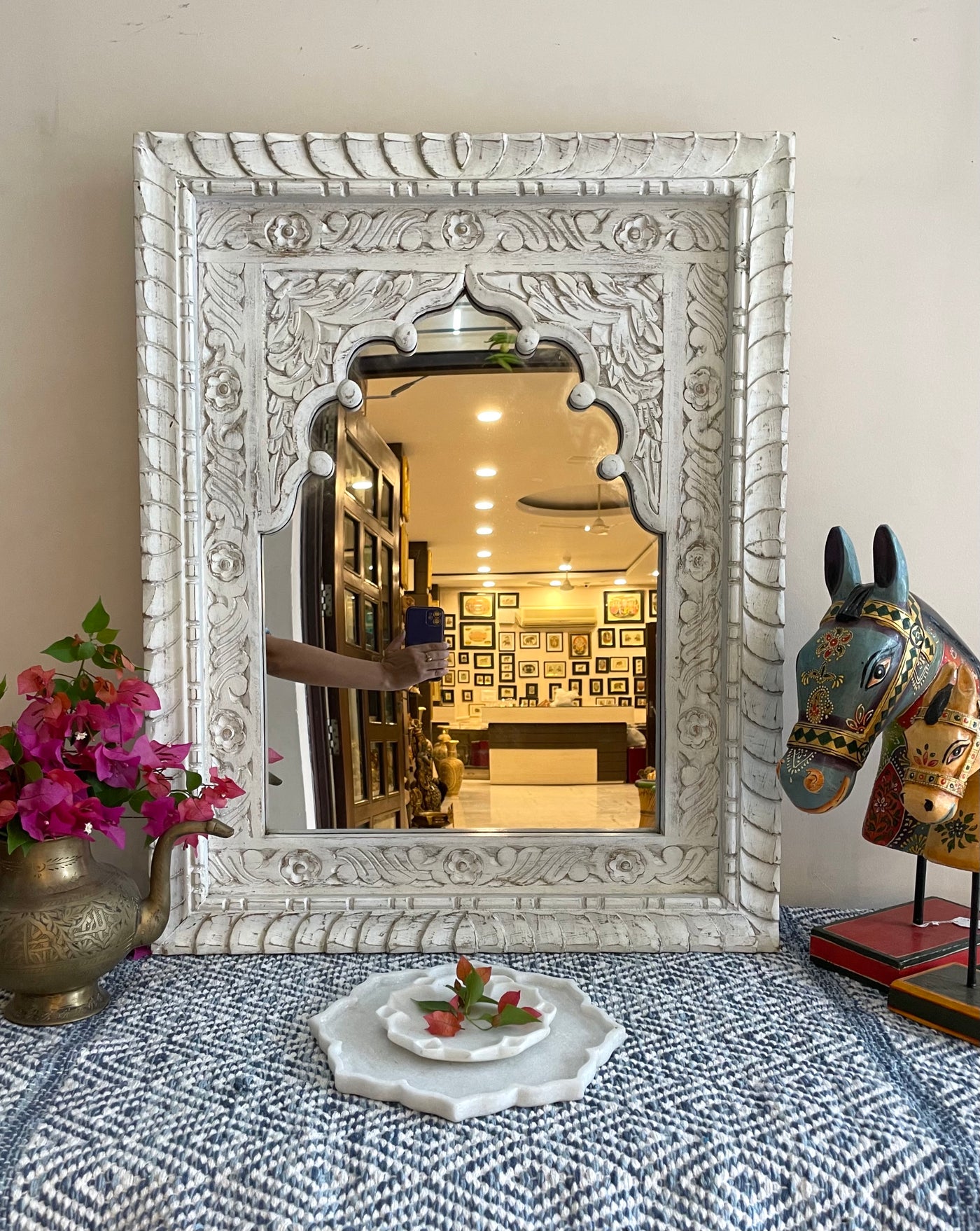 Hand carved mirror in distressed finish