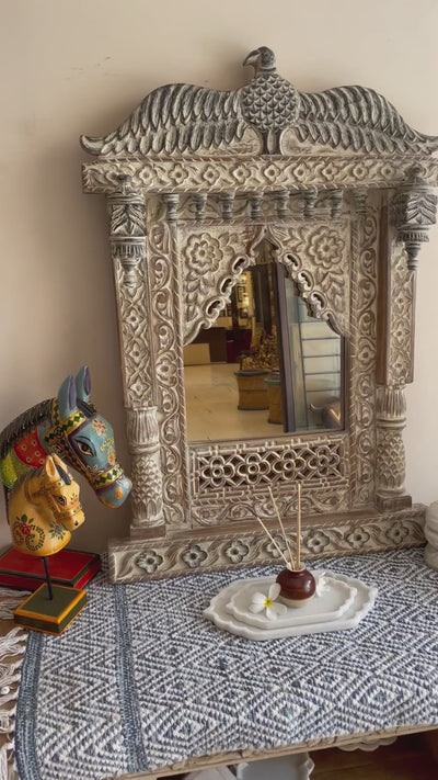 Hand carved Single Jharokha Wall mirror with Eagle top