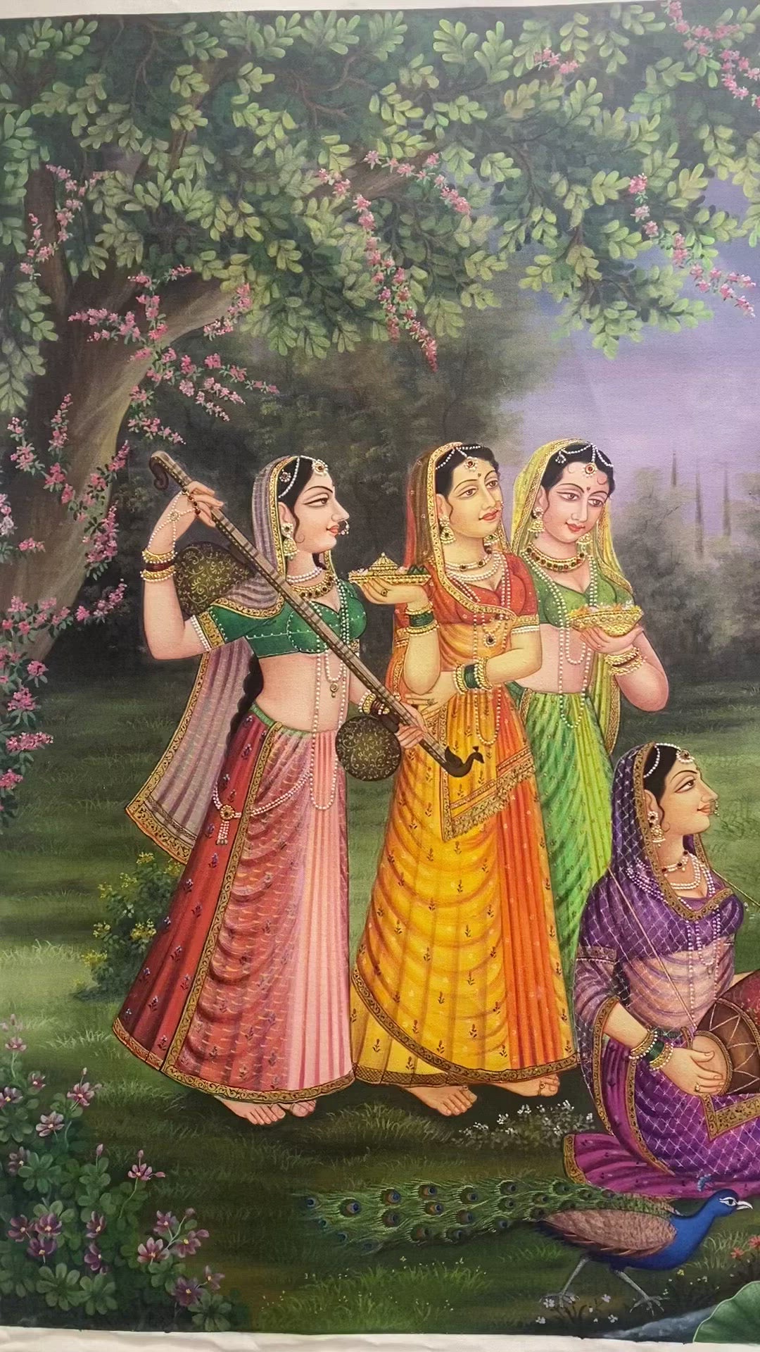 Radha and Krishna surrounded by Gopis- Hand Made Canvas Painting embossed with real gold leaf