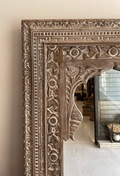 Hand carved single Jharokha mirror in distressed finish