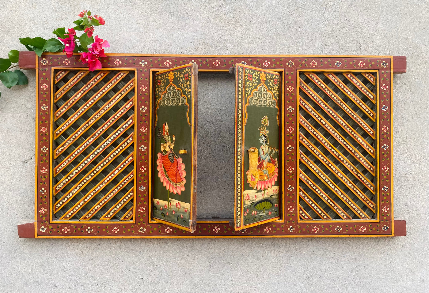 Handpainted Antique window with Radha and Krishna Painting