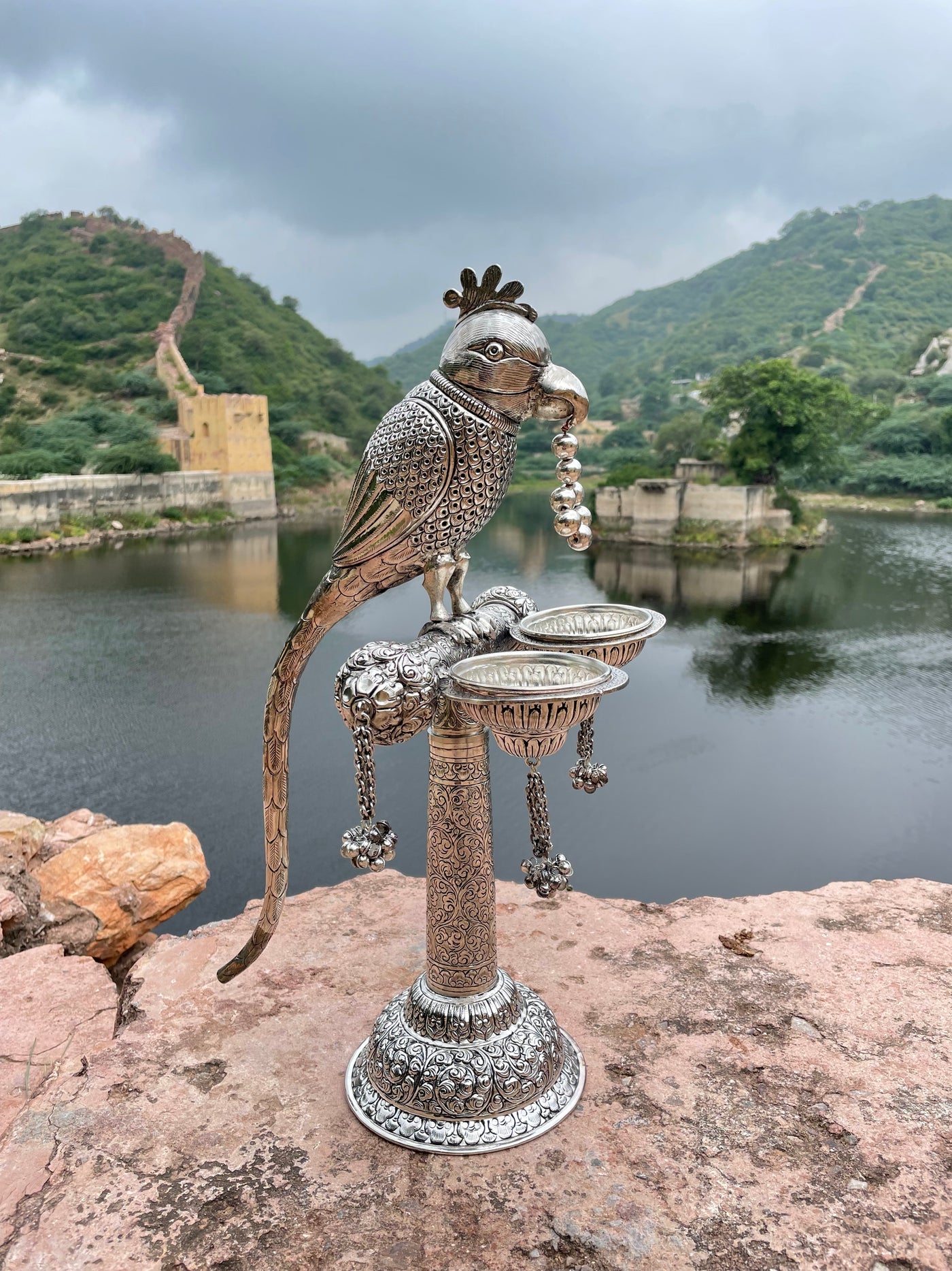 Antique German Silver Parrot perched on a branch