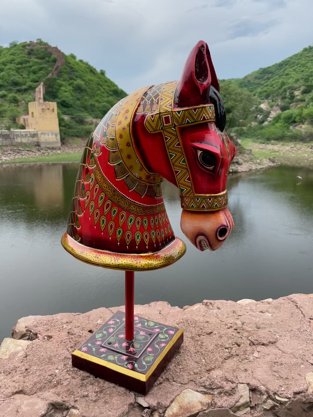 Hand Painted Wooden horse face on a stand