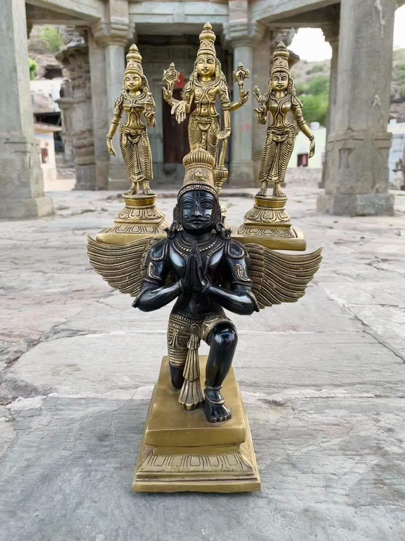 Handcrafted Brass statue of Lord Vishnu with Bhudevi and Sridevi on Garuda