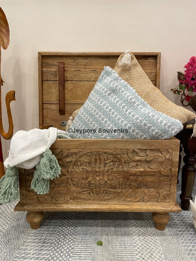 Hand carved small wooden storage trunk/chest