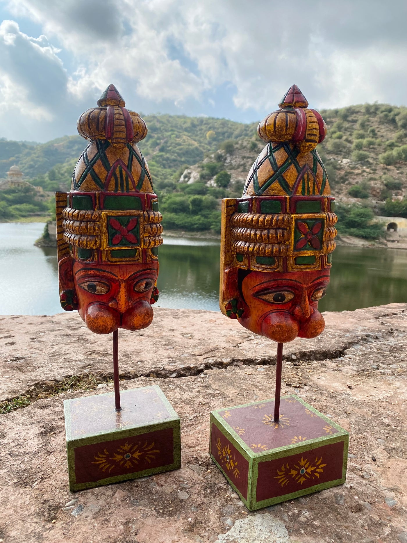 Hand Painted Wooden Lord Hanuman face on a stand