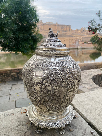 Silver Hand Carved Vase depicting Radha and Krishna