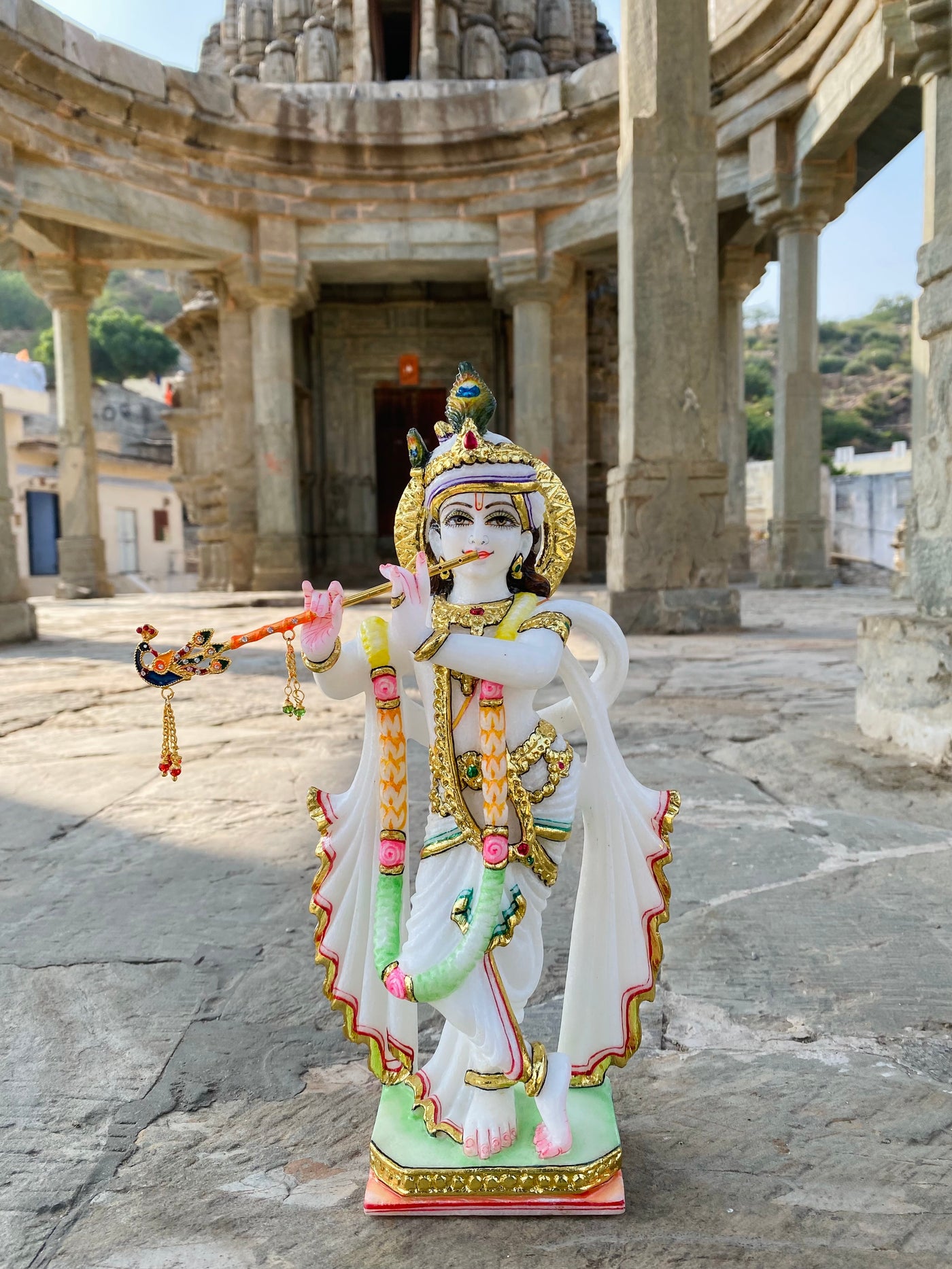 Pair of 12 inches Radha Krishna Statue in White Marble