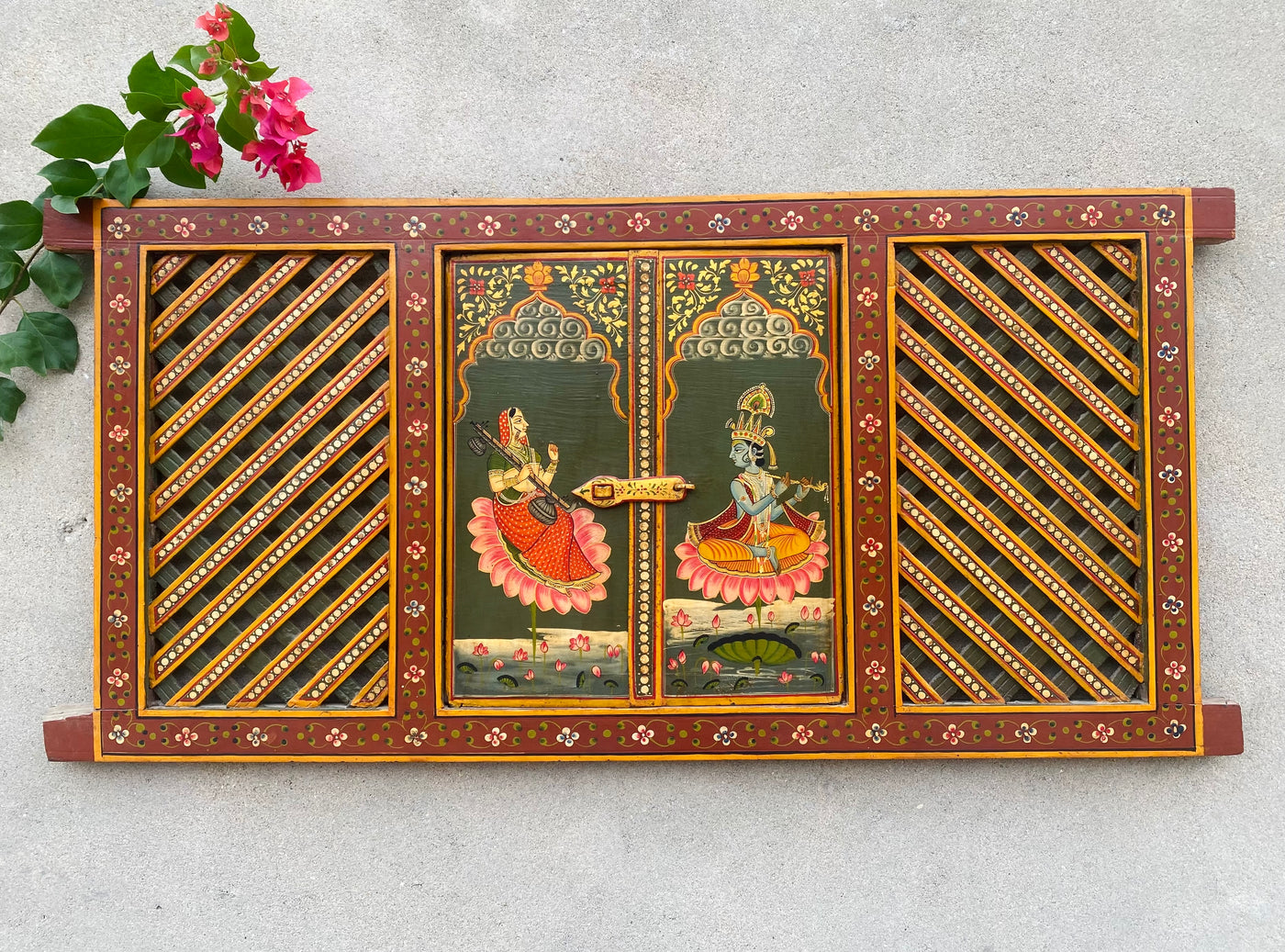 Handpainted Antique window with Radha and Krishna Painting