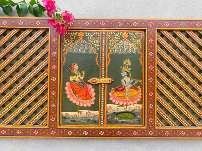 Handpainted Antique window with Radha and Krishna Painting