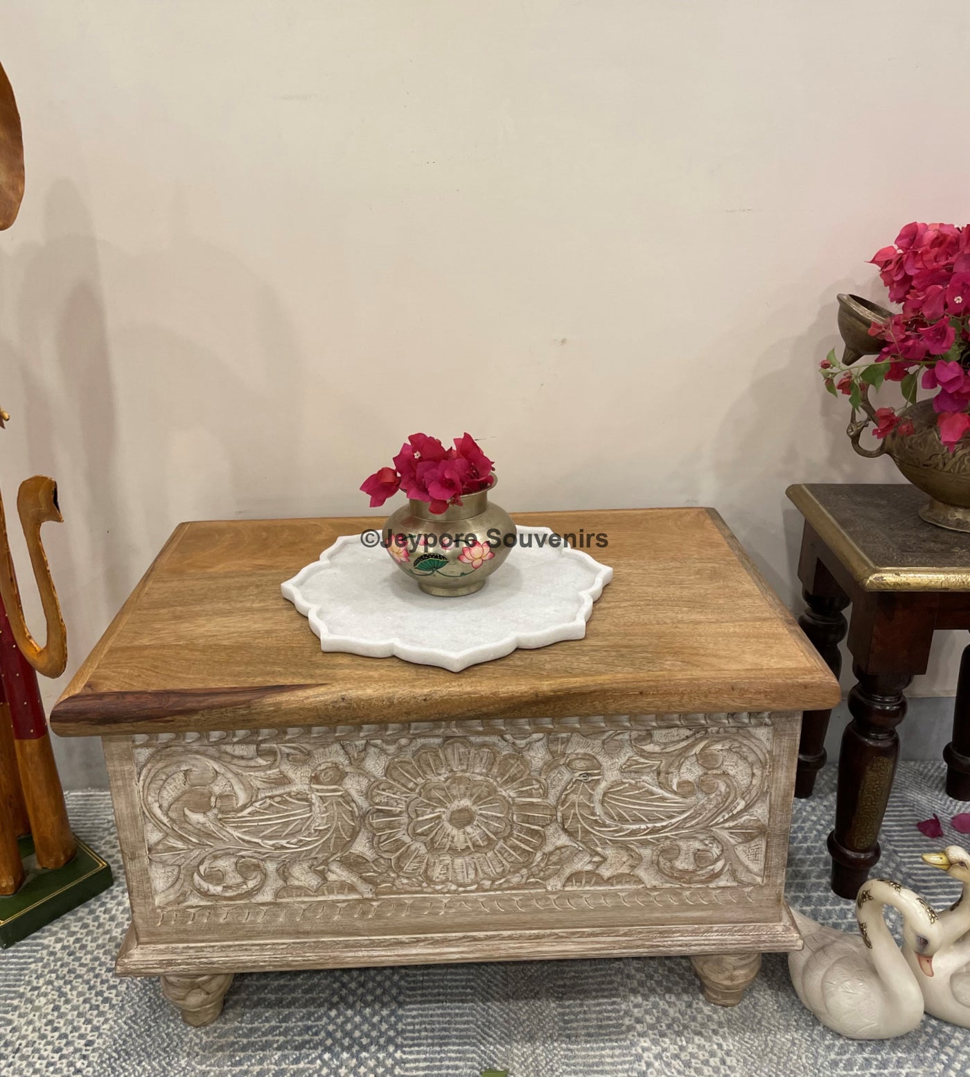 Hand carved small wooden storage trunk/chest