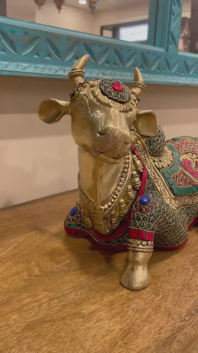 Handcrafted Nandi Statue Solid Brass with Stone work