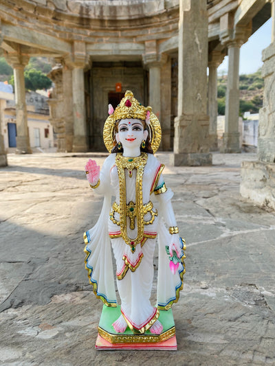 Pair of 12 inches Radha Krishna Statue in White Marble