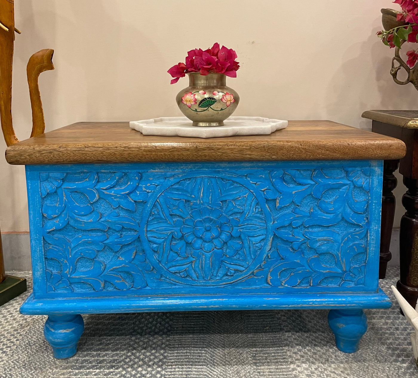 Hand carved small wooden storage trunk/chest