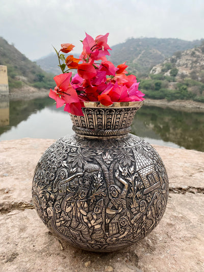 Silver Hand Carved Vase depicting Radha and Krishna