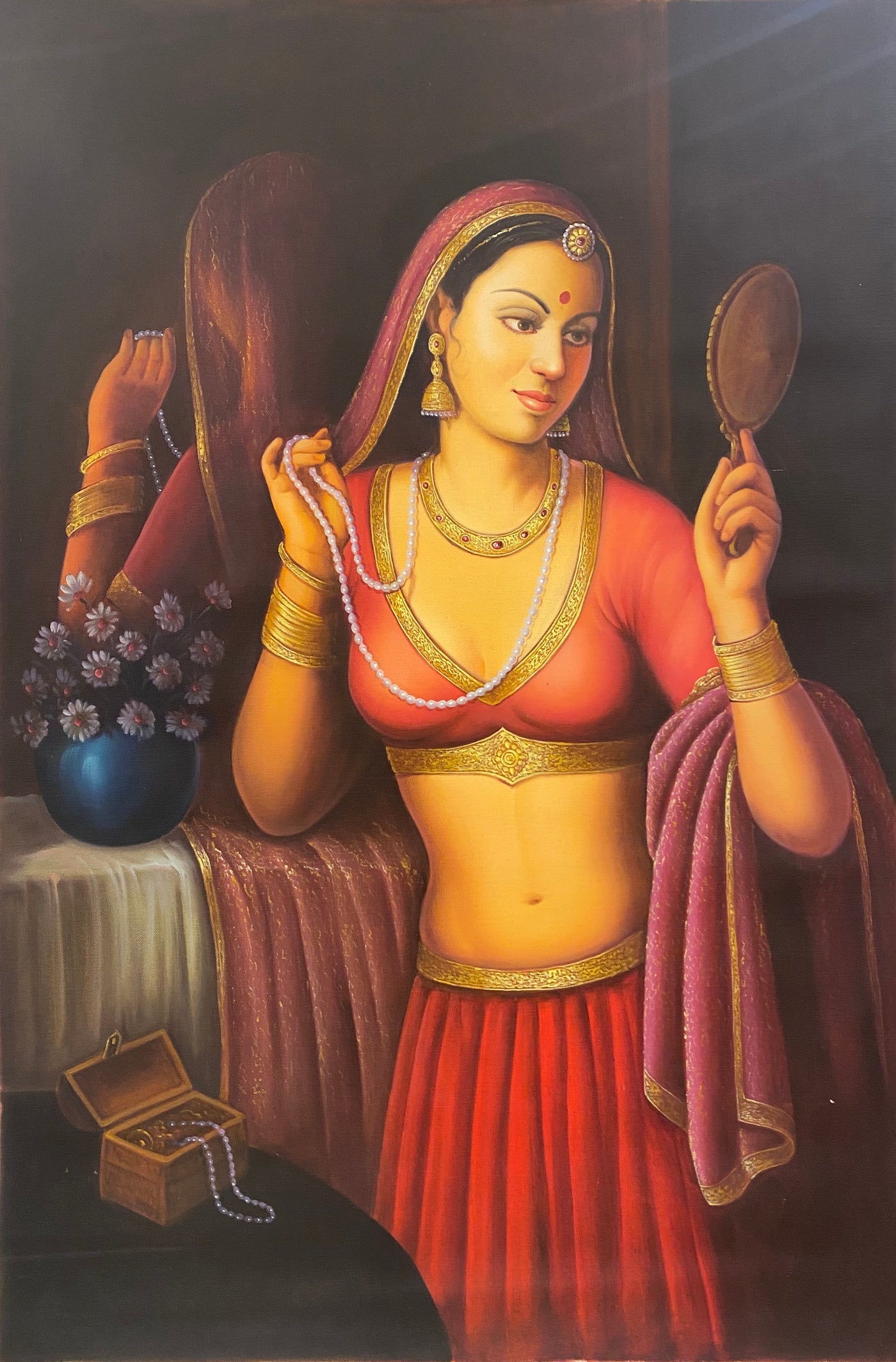 Lady in traditional Indian attire looking in mirror- Hand Made Canvas Painting