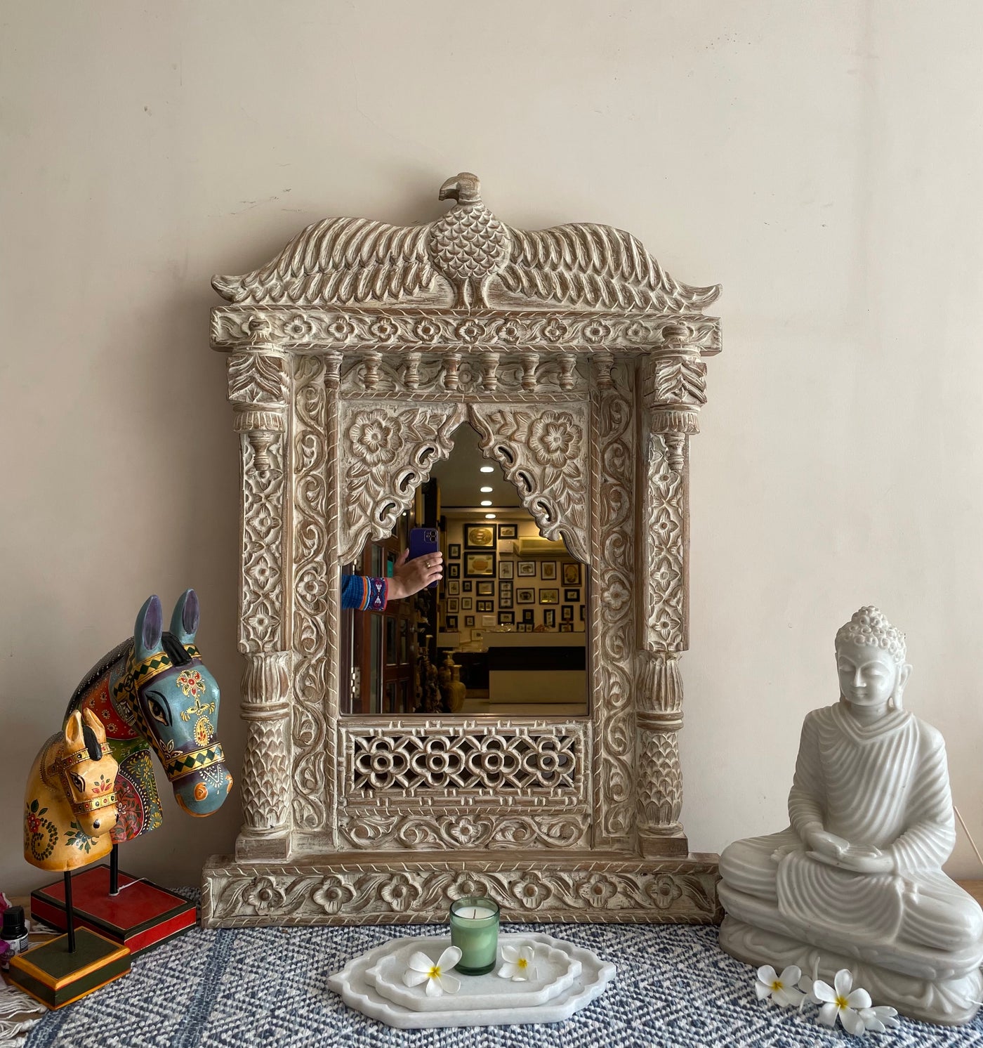 Hand carved Single Jharokha Wall mirror with Eagle top