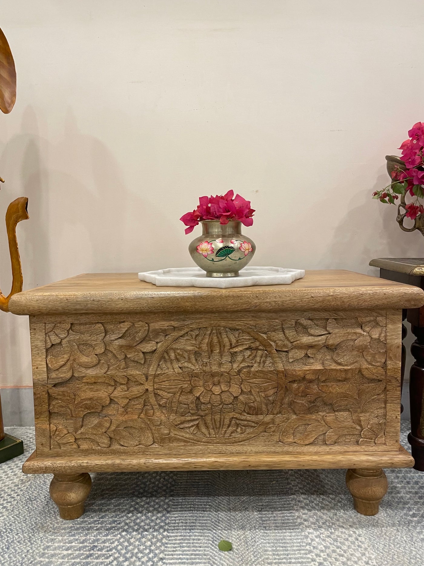 Hand carved small wooden storage trunk/chest