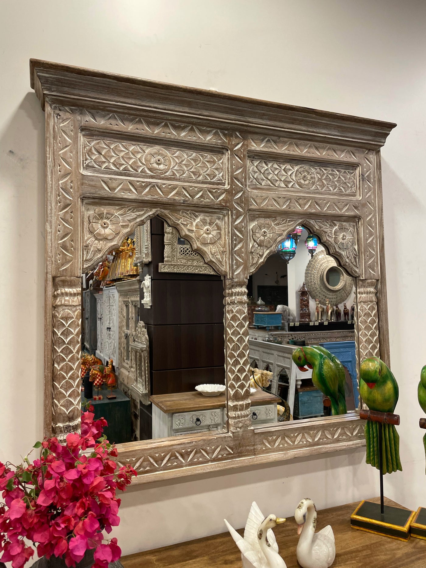 Hand carved two Jharokha mirror in distressed finish