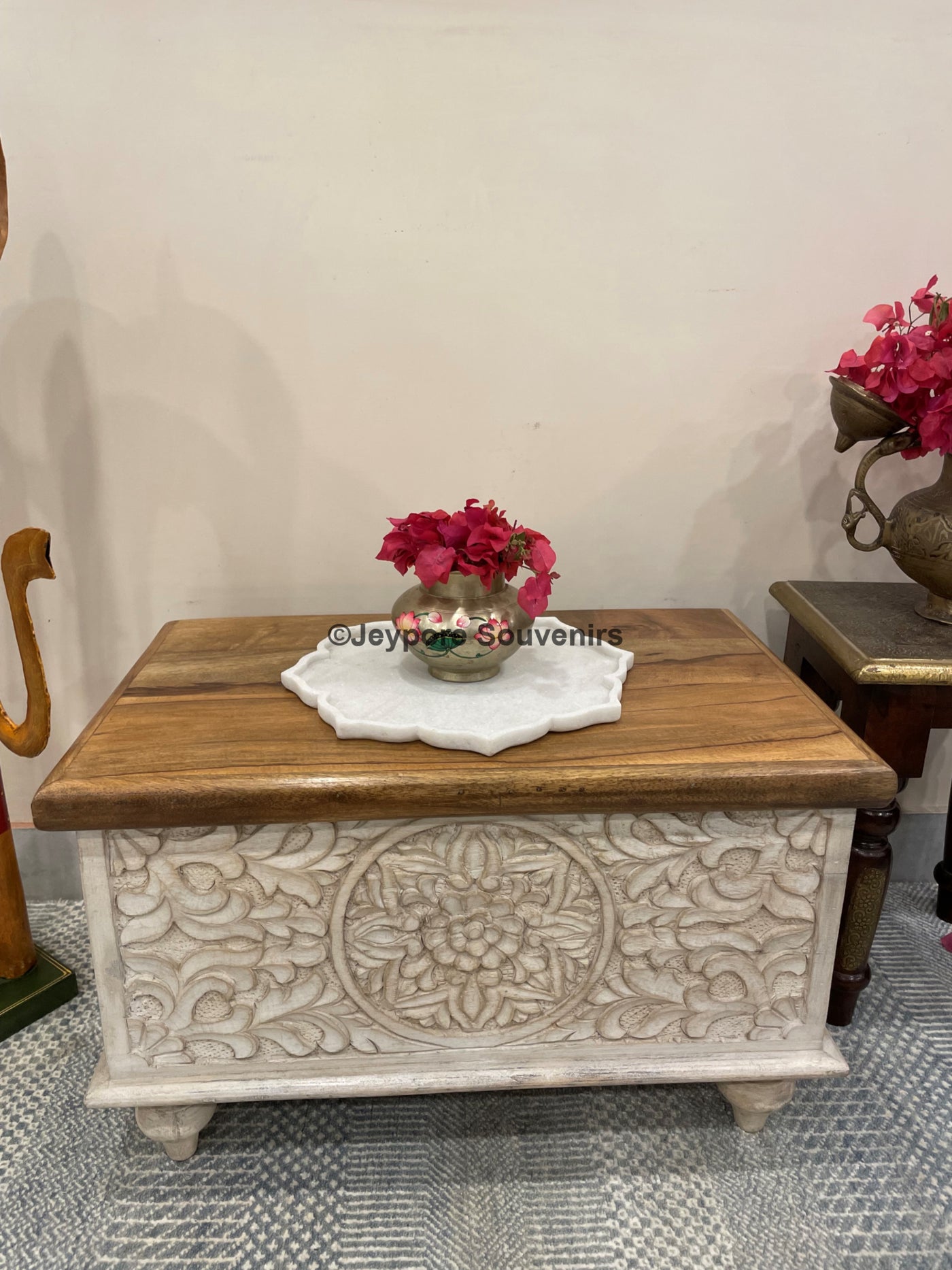 Hand carved small wooden storage trunk/chest