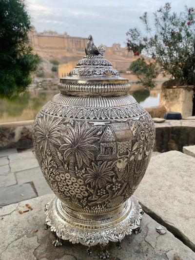 Silver Hand Carved Vase depicting Radha and Krishna