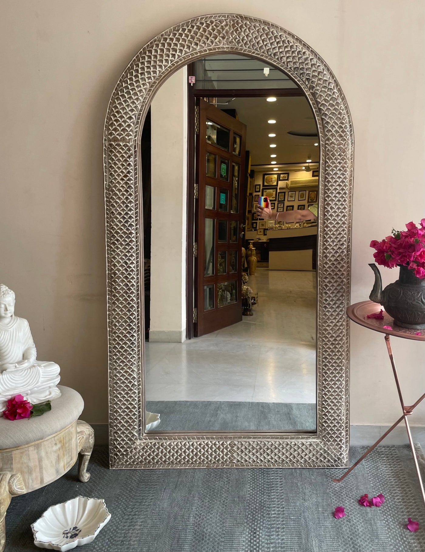 Hand carved mirror in distressed finish