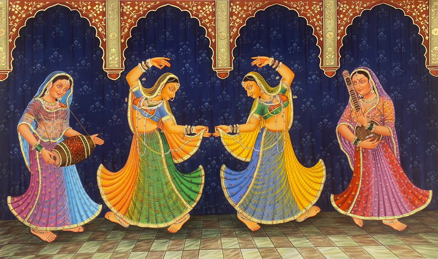 Dancing ladies with musicians on either side - Hand Made Canvas Painting with real gold leaf work