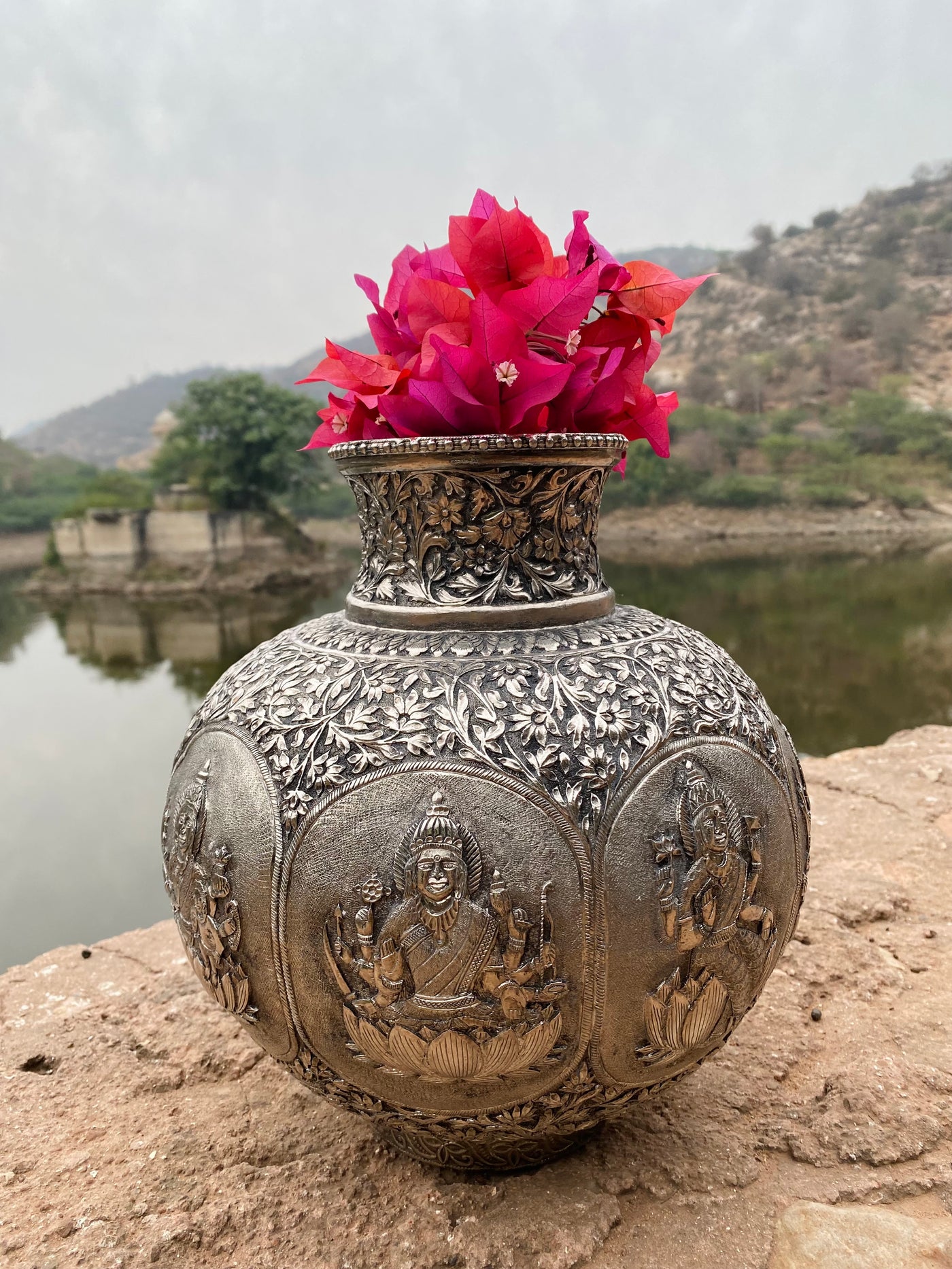 Silver Hand Carved Vase depicting Goddess Laxmi