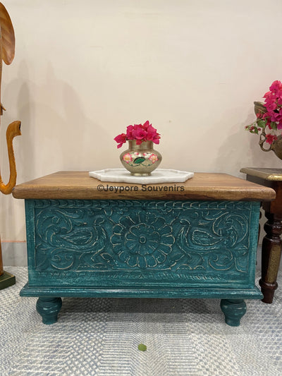 Hand carved small wooden storage trunk/chest