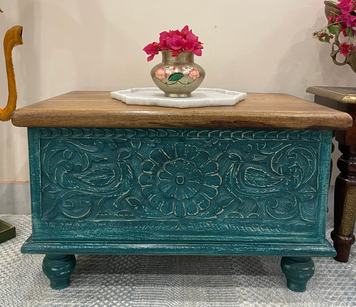 Hand carved small wooden storage trunk/chest