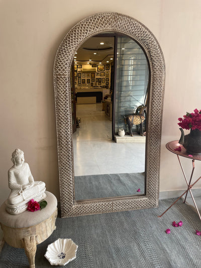 Hand carved mirror in distressed finish