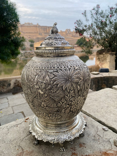 Silver Hand Carved Vase depicting Radha and Krishna