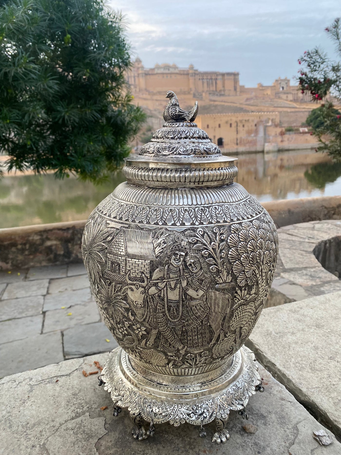 Silver Hand Carved Vase depicting Radha and Krishna