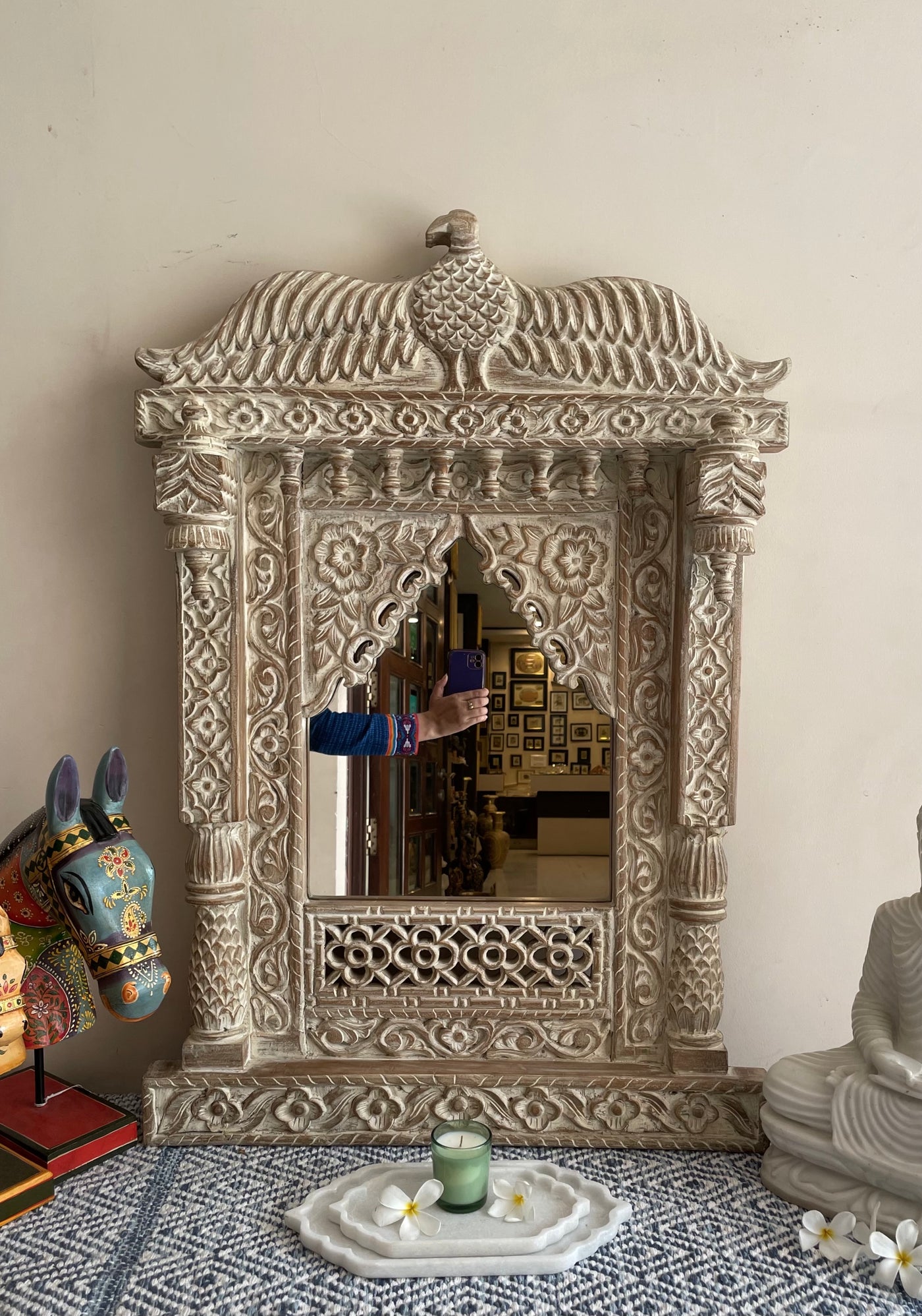 Hand carved Single Jharokha Wall mirror with Eagle top