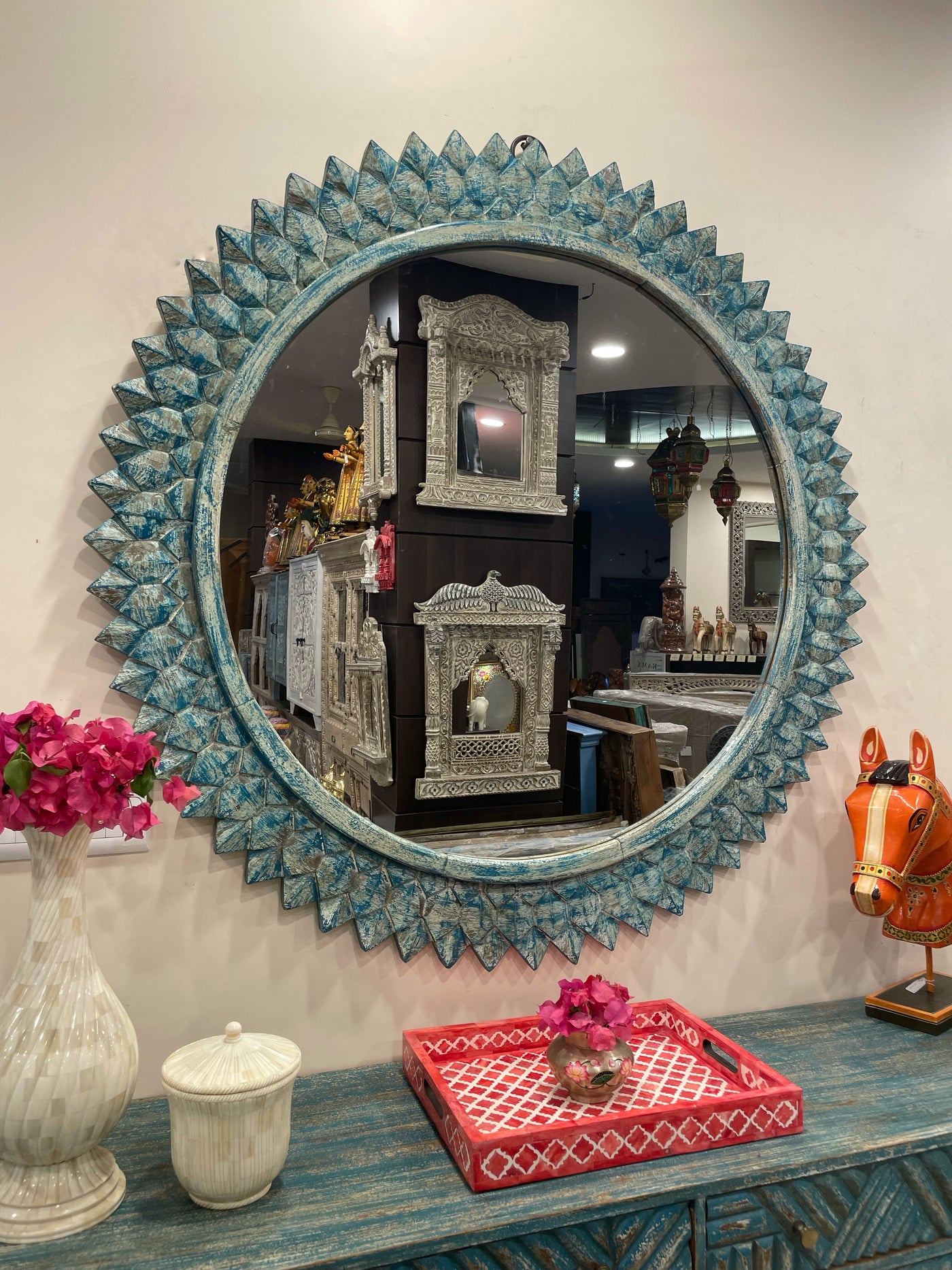 Hand carved Wooden Round Wall mirror