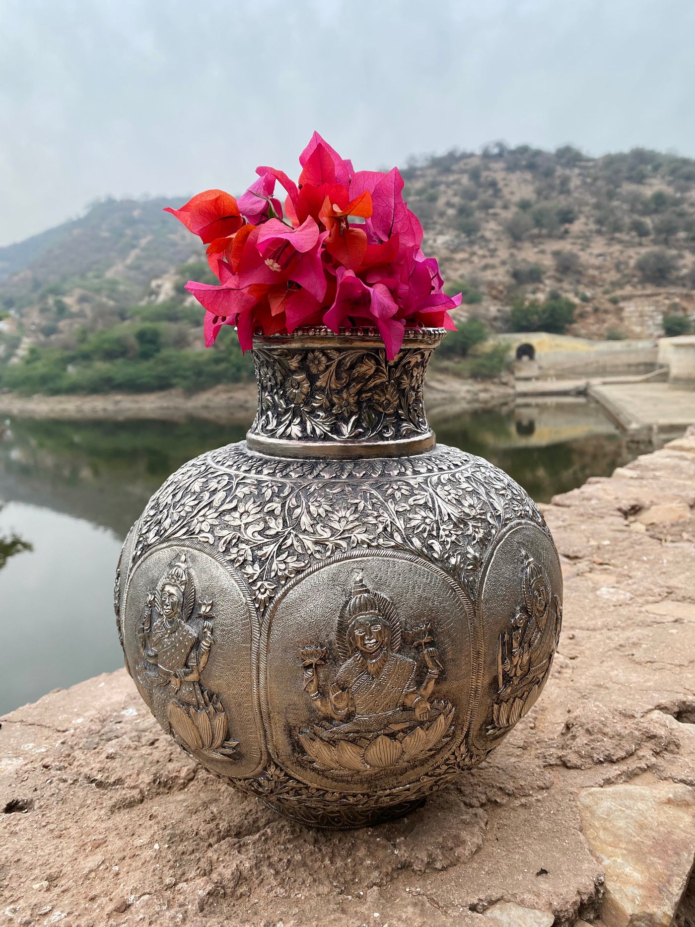 Silver Hand Carved Vase depicting Goddess Laxmi