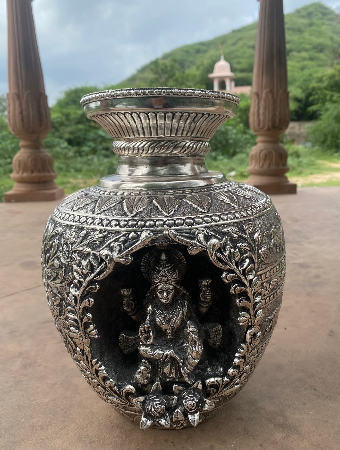 Silver Hand Carved Vase depicting Lord Ganesha and Goddess Laxmi