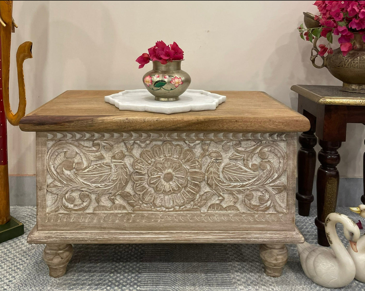 Hand carved small wooden storage trunk/chest