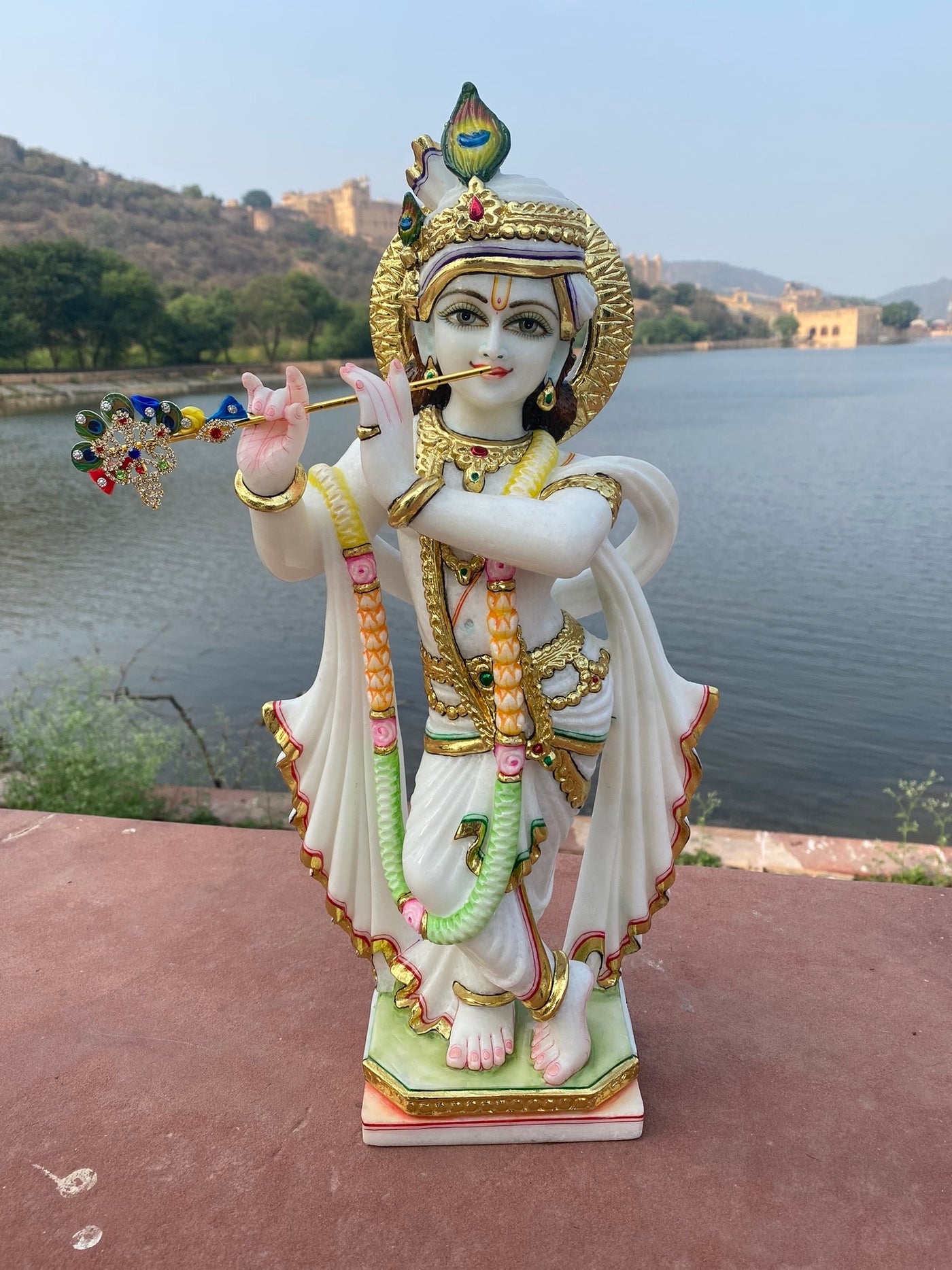 Pair of 18 inches Radha Krishna Statue in White Marble