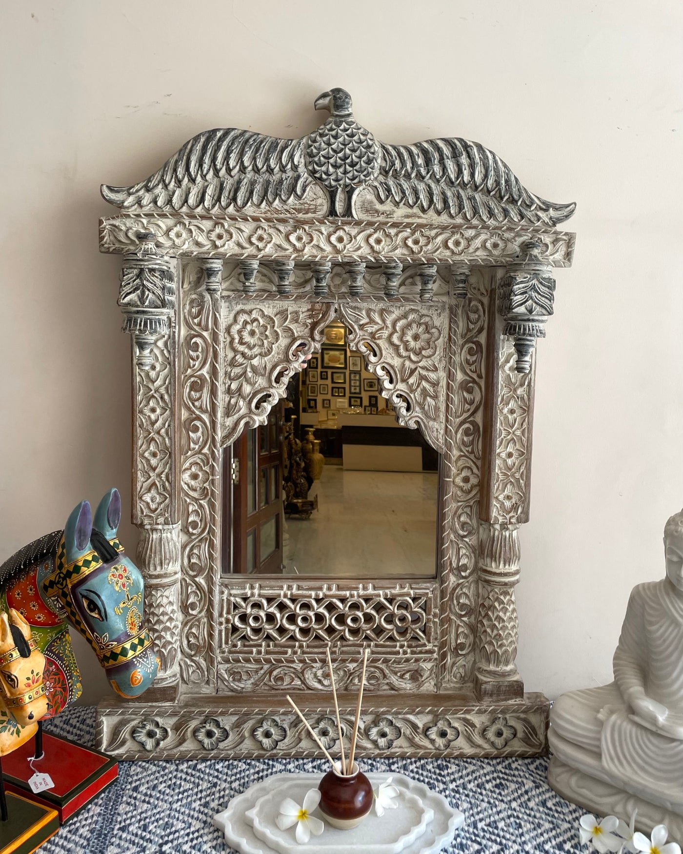 Hand carved Single Jharokha Wall mirror with Eagle top