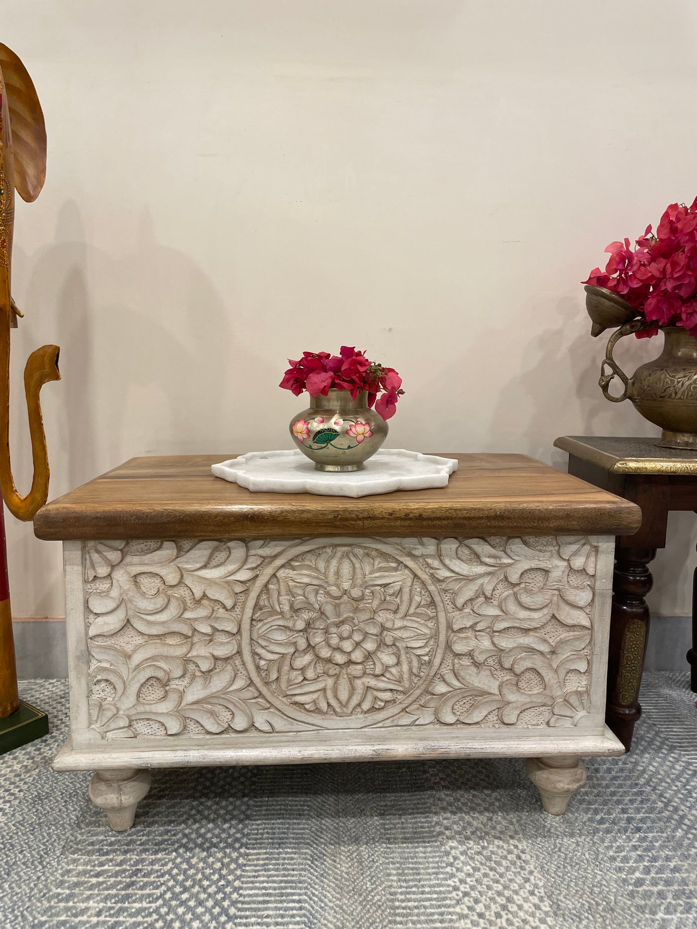 Hand carved small wooden storage trunk/chest