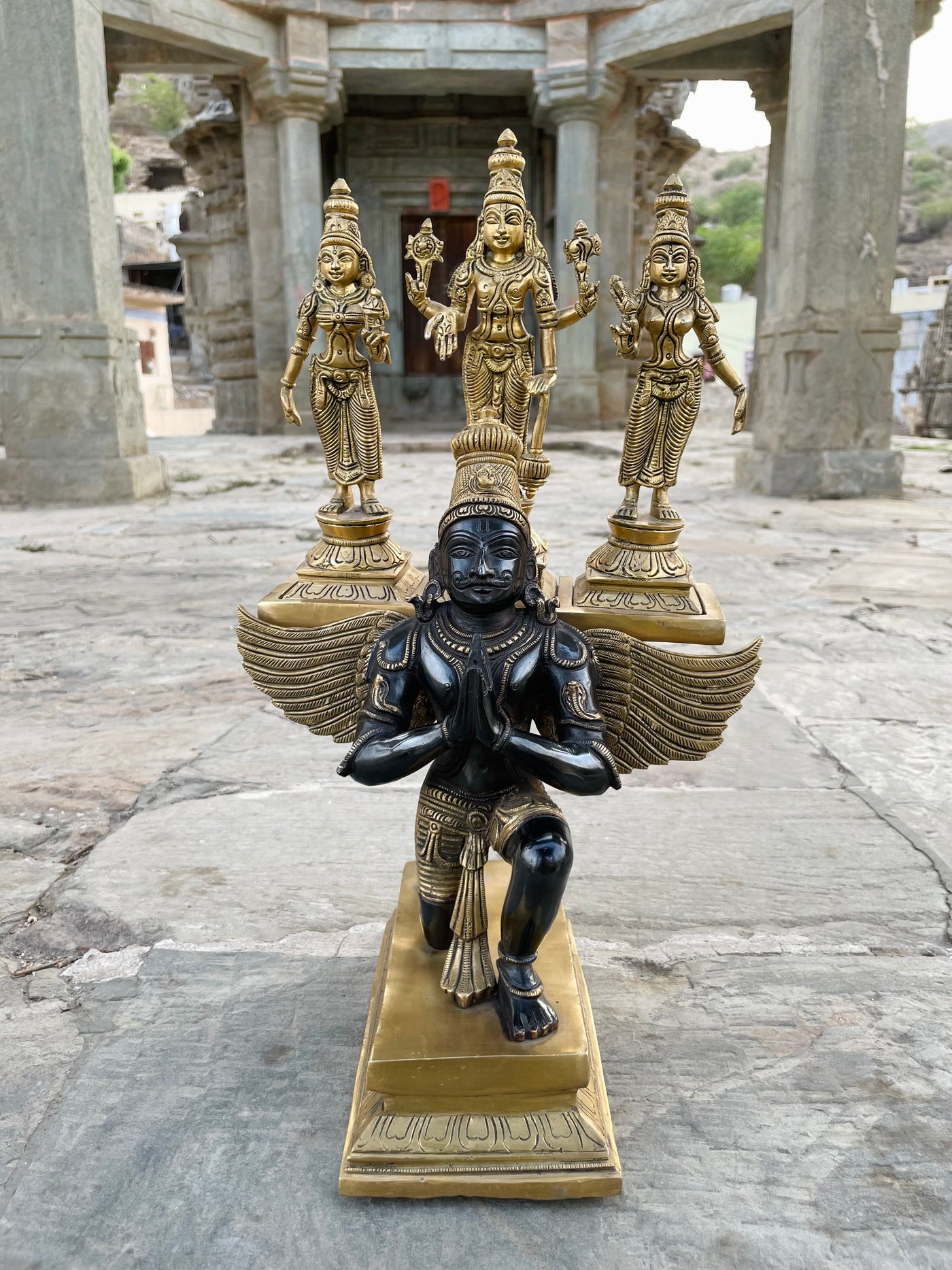 Handcrafted Brass statue of Lord Vishnu with Bhudevi and Sridevi on Garuda