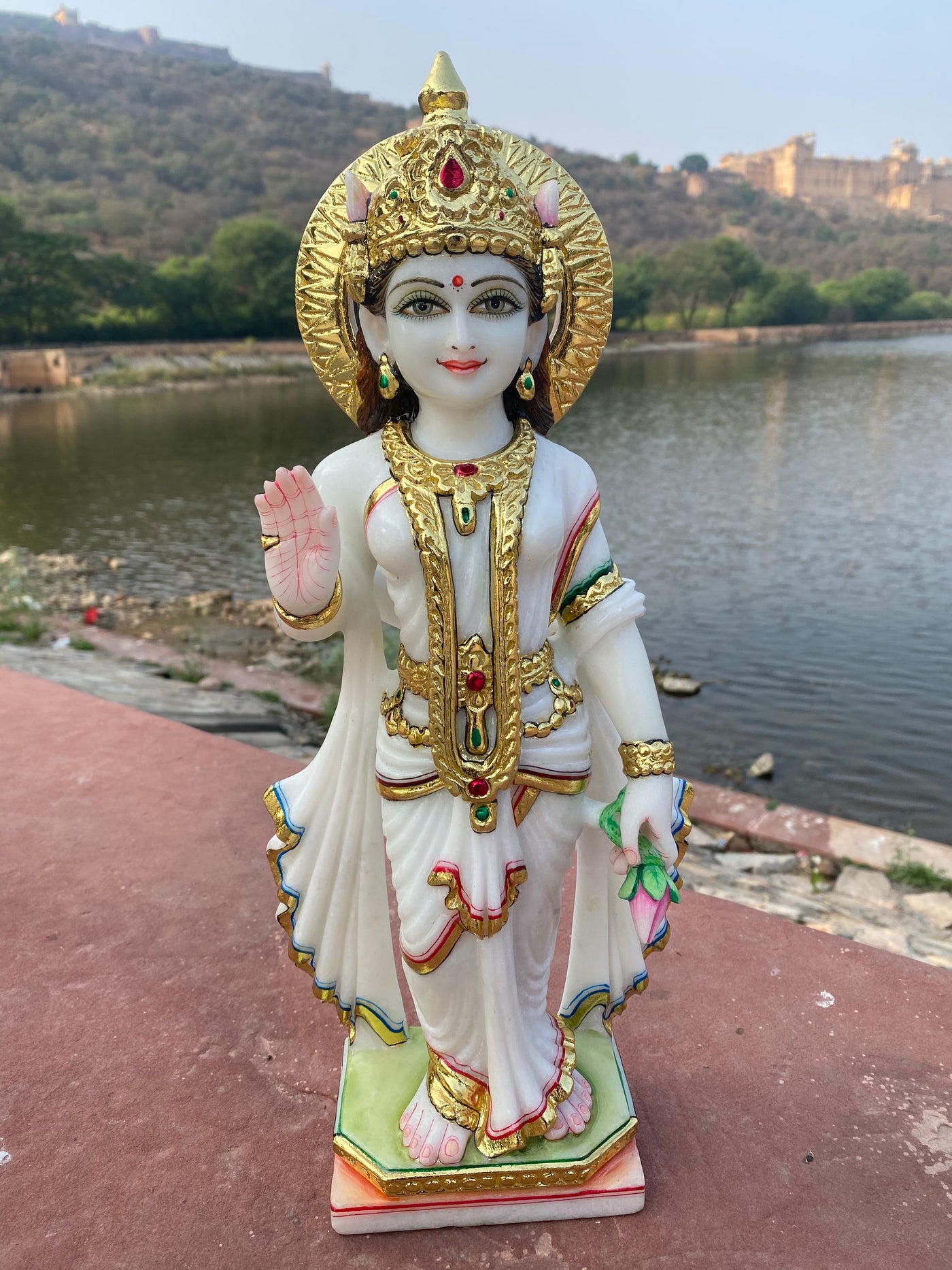 Pair of 18 inches Radha Krishna Statue in White Marble