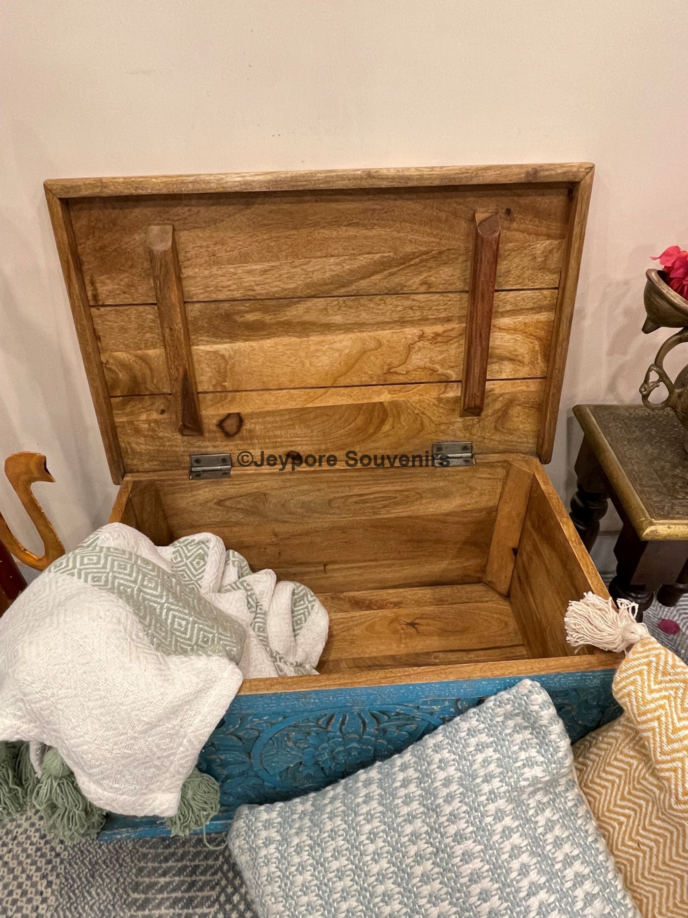 Hand carved small wooden storage trunk/chest