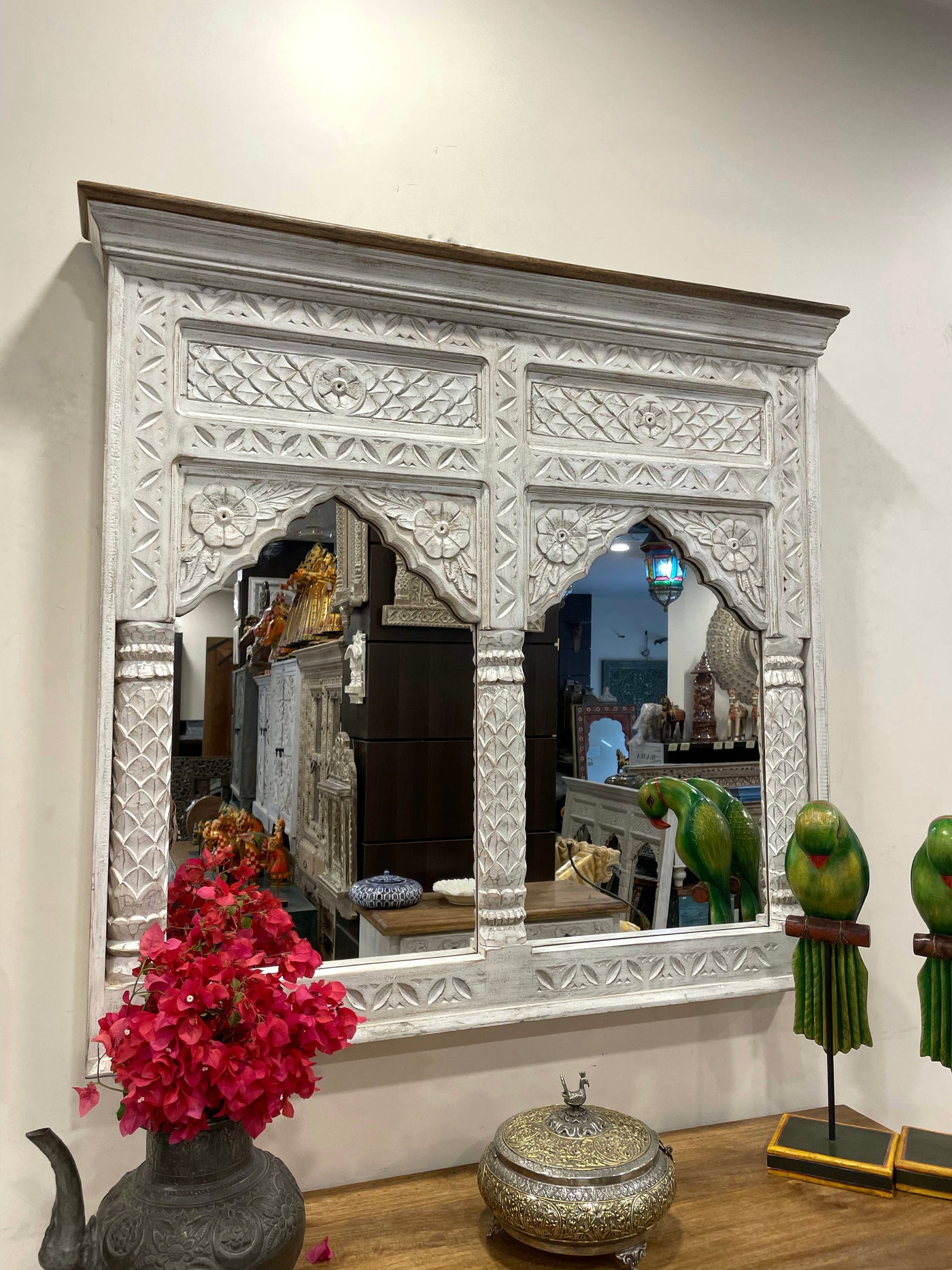 Hand carved two Jharokha mirror in distressed finish