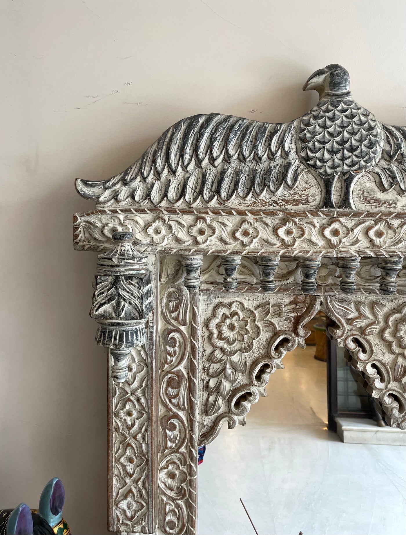 Hand carved Single Jharokha Wall mirror with Eagle top